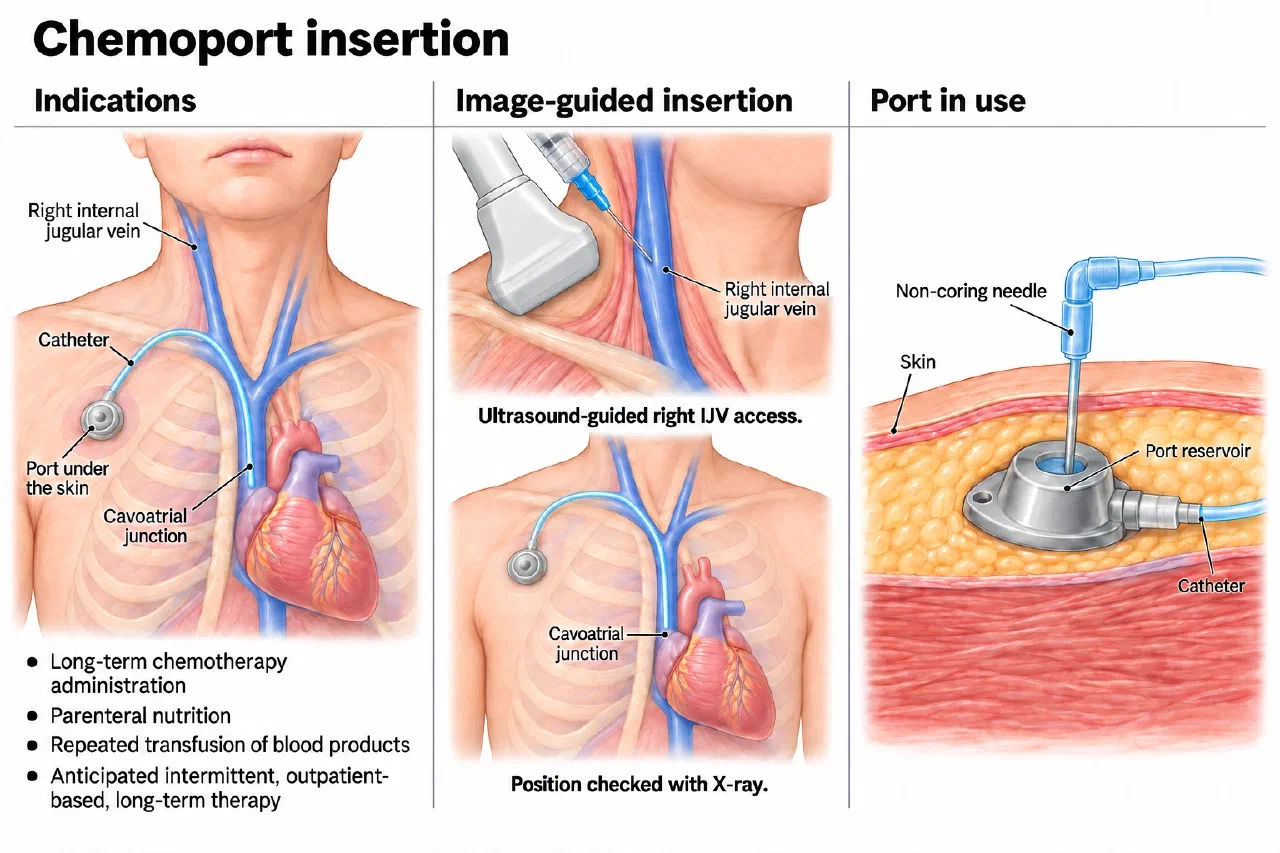 Illustration of chemoport insertion: port under the skin with catheter to the cavoatrial junction, ultrasound-guided jugular vein access, and the port accessed with a non-coring needle (AI-generated illustration)