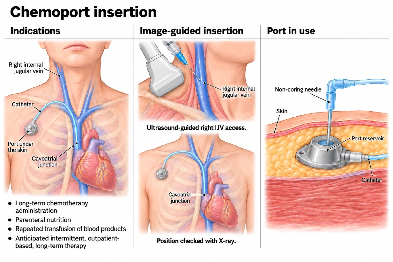 Illustration of chemoport insertion: port under the skin with catheter to the cavoatrial junction, ultrasound-guided jugular vein access, and the port accessed with a non-coring needle (AI-generated illustration)