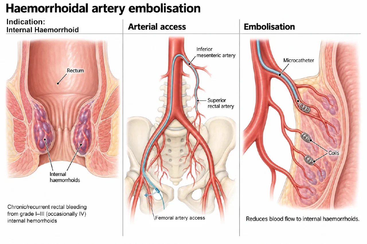 Illustration of haemorrhoidal artery embolisation: internal haemorrhoids, femoral artery access to the superior rectal artery, and coils reducing blood flow to the haemorrhoids (AI-generated illustration)