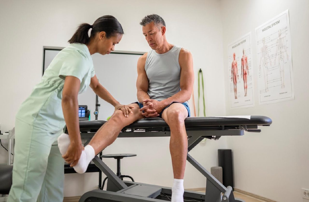Clinician examining a patient's knee to assess osteoarthritis pain