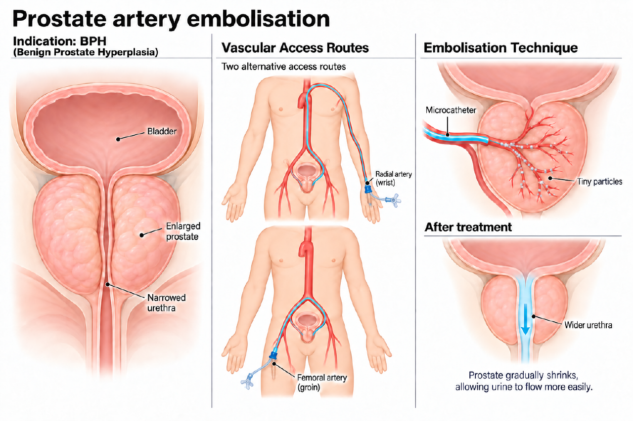 Illustration of prostate artery embolisation for BPH: enlarged prostate narrowing the urethra, wrist or groin artery access, and particles shrinking the prostate (AI-generated illustration)