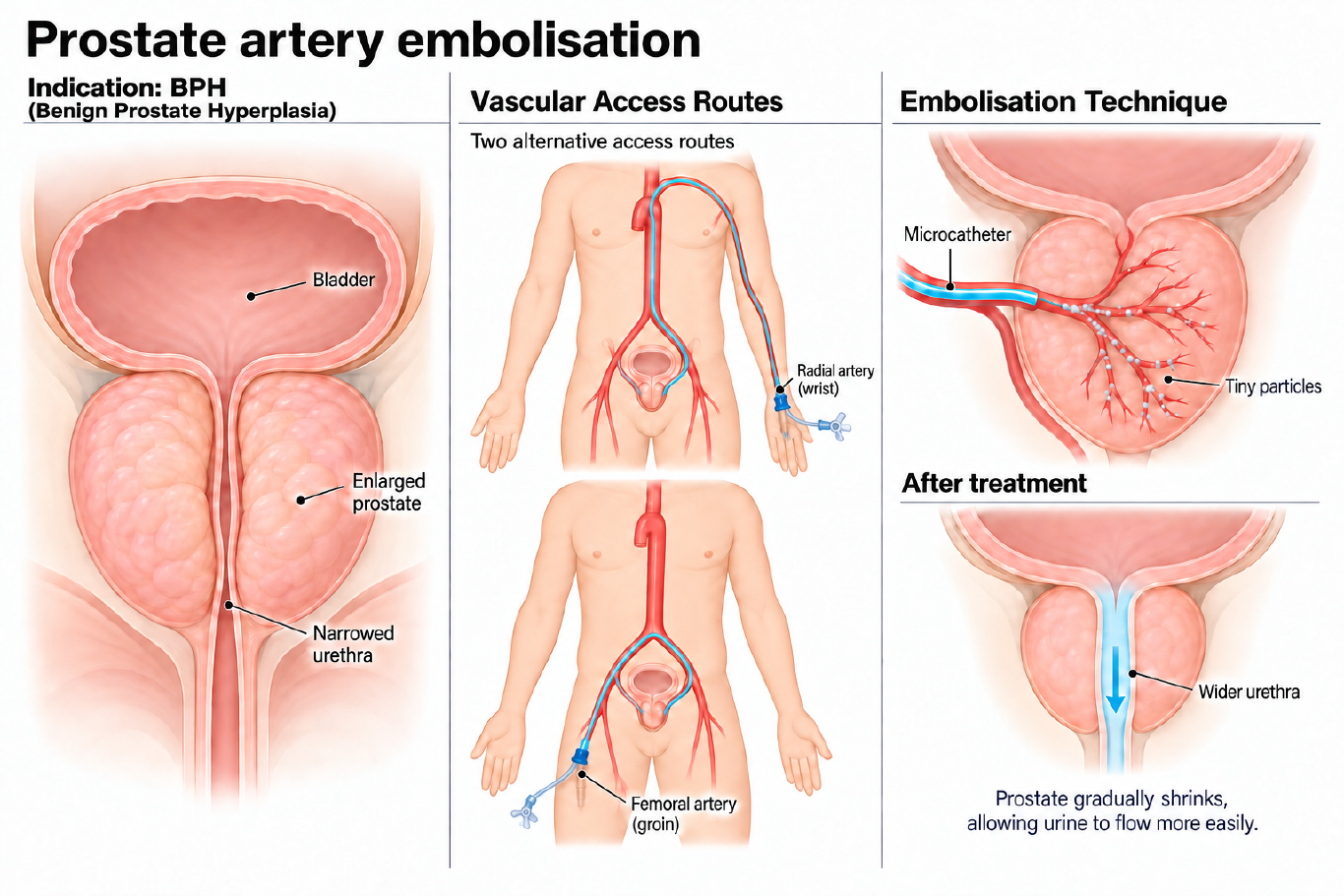 Illustration of prostate artery embolisation for BPH: enlarged prostate narrowing the urethra, wrist or groin artery access, and particles shrinking the prostate (AI-generated illustration)
