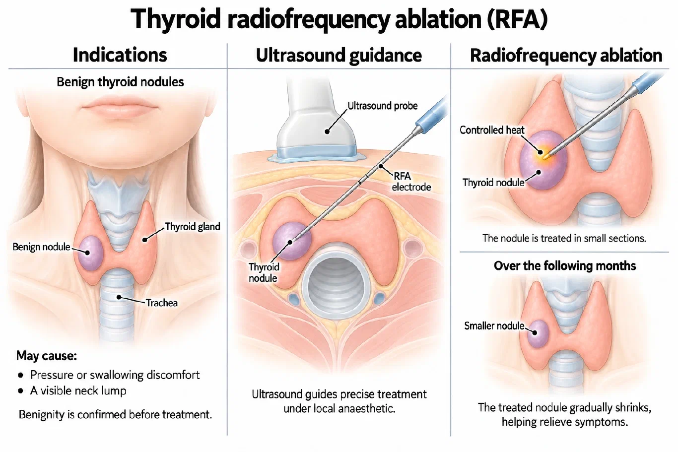 Illustration of thyroid radiofrequency ablation: a benign thyroid nodule, ultrasound-guided electrode placement, and the nodule shrinking over the following months (AI-generated illustration)